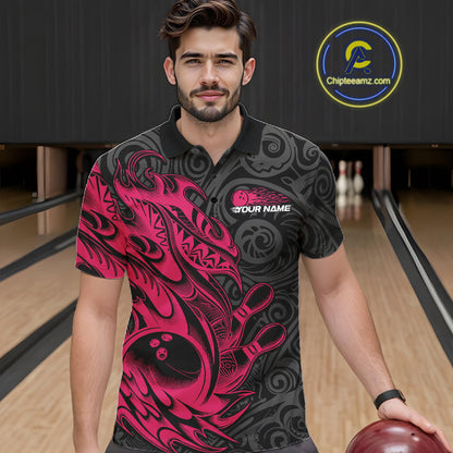 Custom Black And Pink Tribal Polynesian Bowling Team Men Shirts, Niho Mano Bowling Shirt IPHW10755