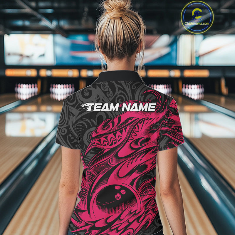 Custom Black And Pink Tribal Polynesian Bowling Team Women Shirts, Niho Mano Bowling Shirt IPHW10755