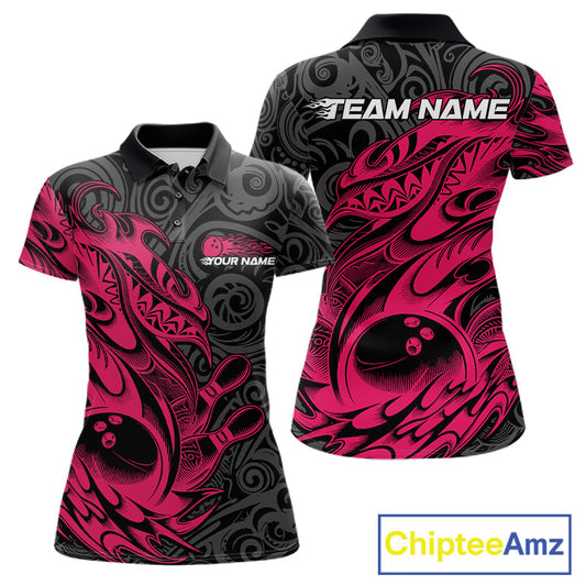 Custom Black And Pink Tribal Polynesian Bowling Team Women Shirts, Niho Mano Bowling Shirt IPHW10755