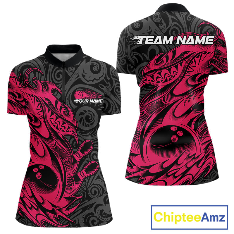 Custom Black And Pink Tribal Polynesian Bowling Women Shirts, Niho Mano Bowling Shirt IPHW10755