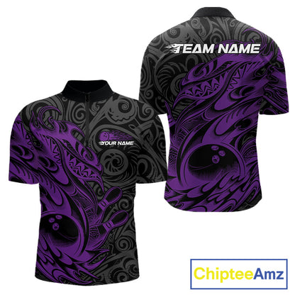 Custom Black And Purple Tribal Polynesian Bowling Team Men Shirts, Niho Mano Bowling Shirt IPHW10756