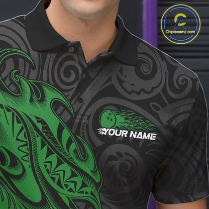 Custom Black And Green Tribal Polynesian Bowling Team Men Shirts, Niho Mano Bowling Shirt IPHW10757