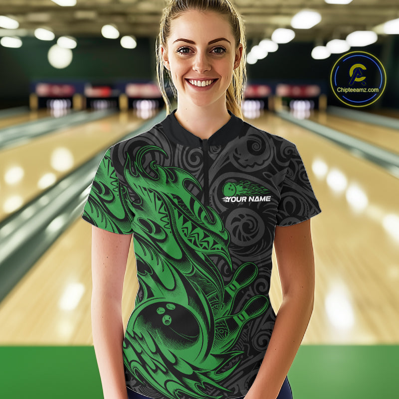 Custom Black And Green Tribal Polynesian Bowling Women Shirts, Niho Mano Bowling Shirt IPHW10757