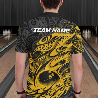 Custom Black And Yellow Tribal Polynesian Bowling Team Men Shirts, Niho Mano Bowling Shirt IPHW10758