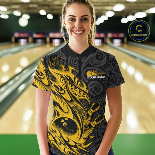 Custom Black And Yellow Tribal Polynesian Bowling Women Shirts, Niho Mano Bowling Shirt IPHW10758