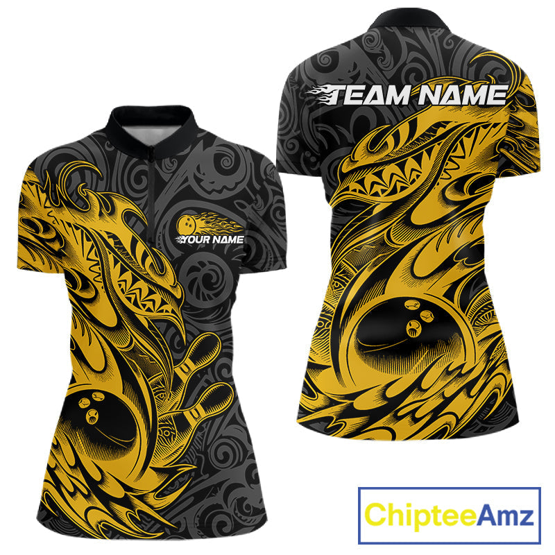Custom Black And Yellow Tribal Polynesian Bowling Women Shirts, Niho Mano Bowling Shirt IPHW10758