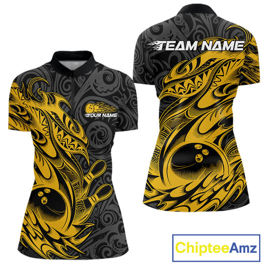 Custom Black And Yellow Tribal Polynesian Bowling Women Shirts, Niho Mano Bowling Shirt IPHW10758