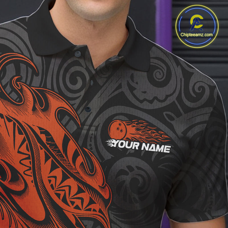 Custom Black And Orange Tribal Polynesian Bowling Team Men Shirts, Niho Mano Bowling Shirt IPHW10759