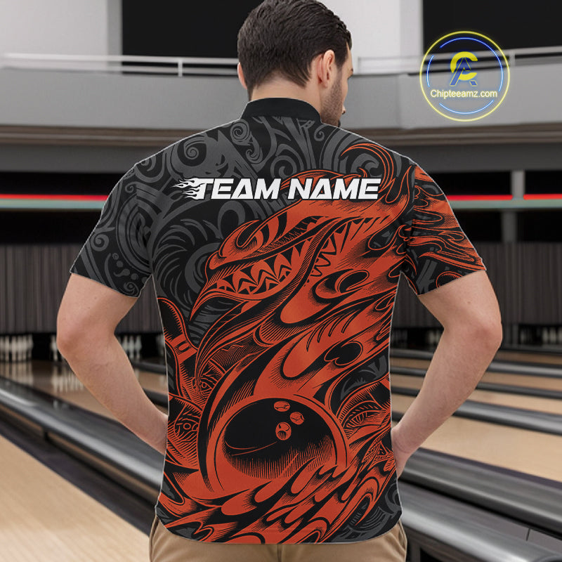 Custom Black And Orange Tribal Polynesian Bowling Team Men Shirts, Niho Mano Bowling Shirt IPHW10759
