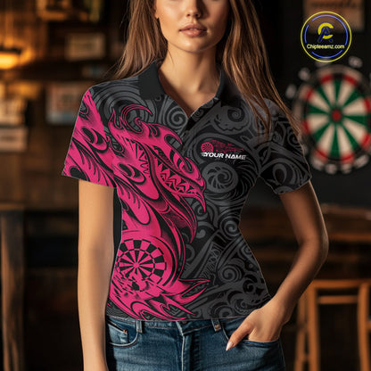 Custom Black And Pink Tribal Polynesian Dart Team Women Shirts, Niho Mano Dart Shirt IPHW10761