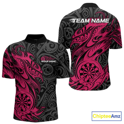 Custom Black And Pink Tribal Polynesian Dart Team Men Shirts, Niho Mano Dart Shirt IPHW10761