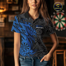 Load image into Gallery viewer, Custom Black And Blue Tribal Polynesian Dart Team Women Shirts, Niho Mano Dart Shirt IPHW10762