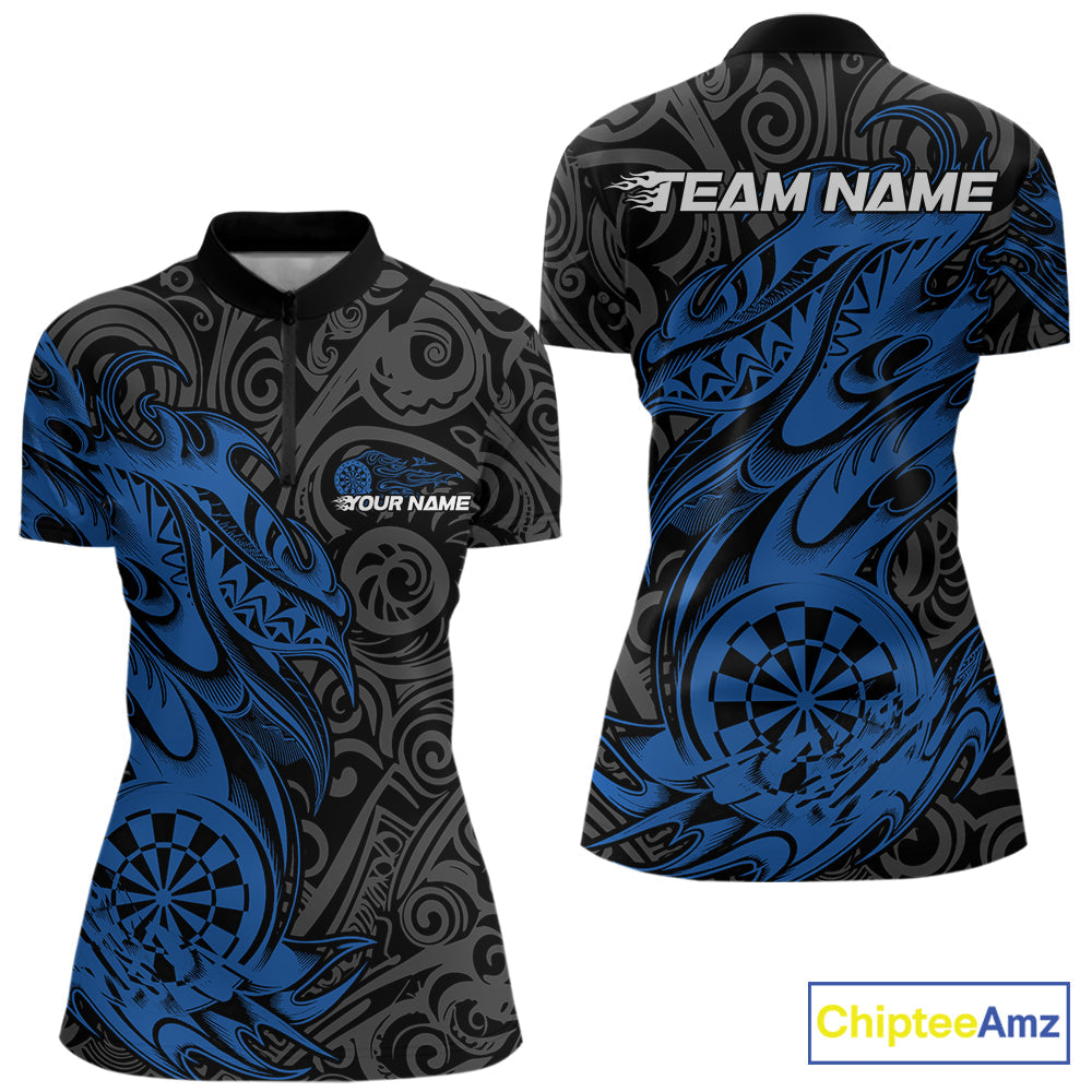 Custom Black And Blue Tribal Polynesian Dart Team Women Shirts, Niho Mano Dart Shirt IPHW10762