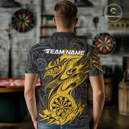 Custom Black And Yellow Tribal Polynesian Dart Team Men Shirts, Niho Mano Dart Shirt IPHW10763