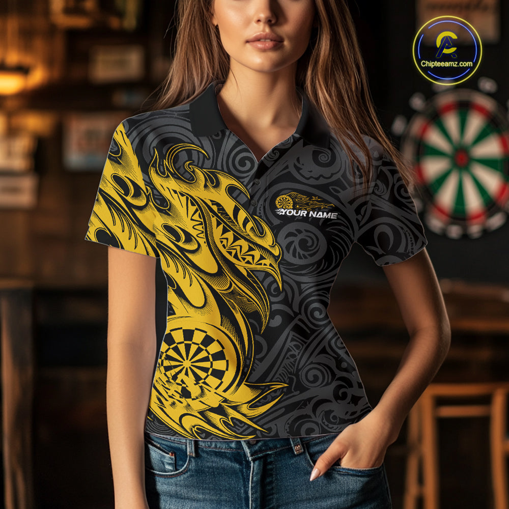 Custom Black And Yellow Tribal Polynesian Dart Team Women Shirts, Niho Mano Dart Shirt IPHW10763