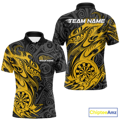 Custom Black And Yellow Tribal Polynesian Dart Team Men Shirts, Niho Mano Dart Shirt IPHW10763