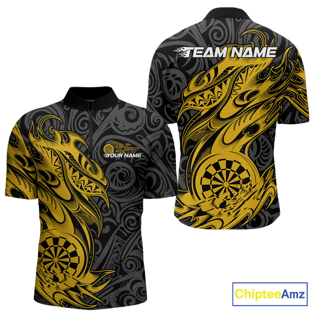 Custom Black And Yellow Tribal Polynesian Dart Team Men Shirts, Niho Mano Dart Shirt IPHW10763