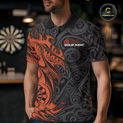 Custom Black And Orange Tribal Polynesian Dart Team Men Shirts, Niho Mano Dart Shirt IPHW10764