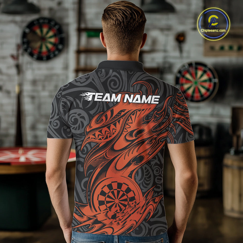 Custom Black And Orange Tribal Polynesian Dart Team Men Shirts, Niho Mano Dart Shirt IPHW10764