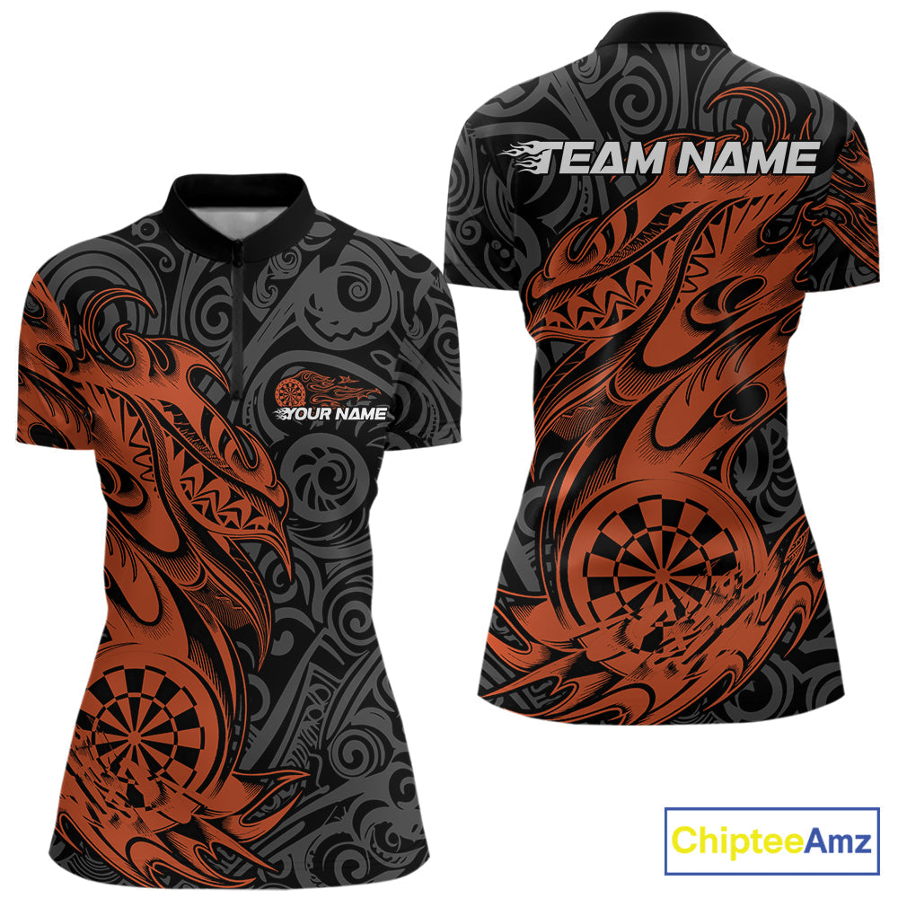 Custom Black And Orange Tribal Polynesian Dart Team Women Shirts, Niho Mano Dart Shirt IPHW10764