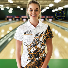 Load image into Gallery viewer, Female model wearing a white bowling polo shirt at the lane with orange camo bowling artwork and subtle ball patterns.