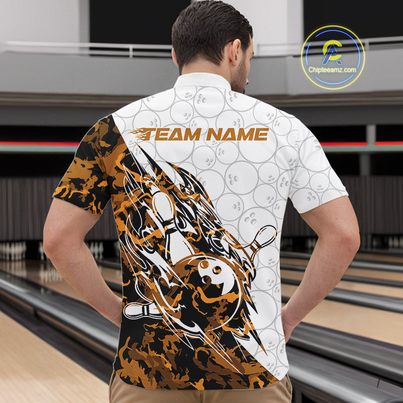 Front view of a male model in a white bowling quarter-zip shirt featuring orange camo streak bowling artwork.