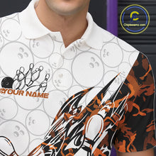 Load image into Gallery viewer, Close-up of the left chest on a white bowling polo shirt featuring yellow camo accents and bowling motifs.