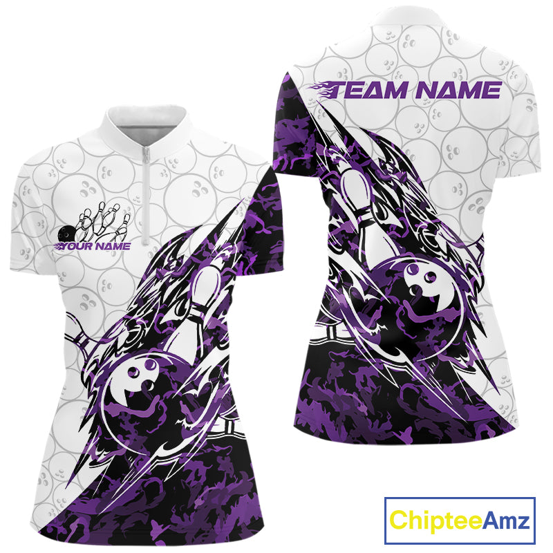 Front and back views of a white womens bowling quarter-zip shirt showcasing bowling pins and a ball with sharp purple camo streaks.