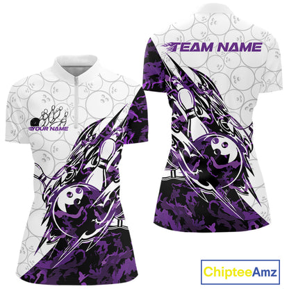 Front and back views of a white womens bowling quarter-zip shirt showcasing bowling pins and a ball with sharp purple camo streaks.