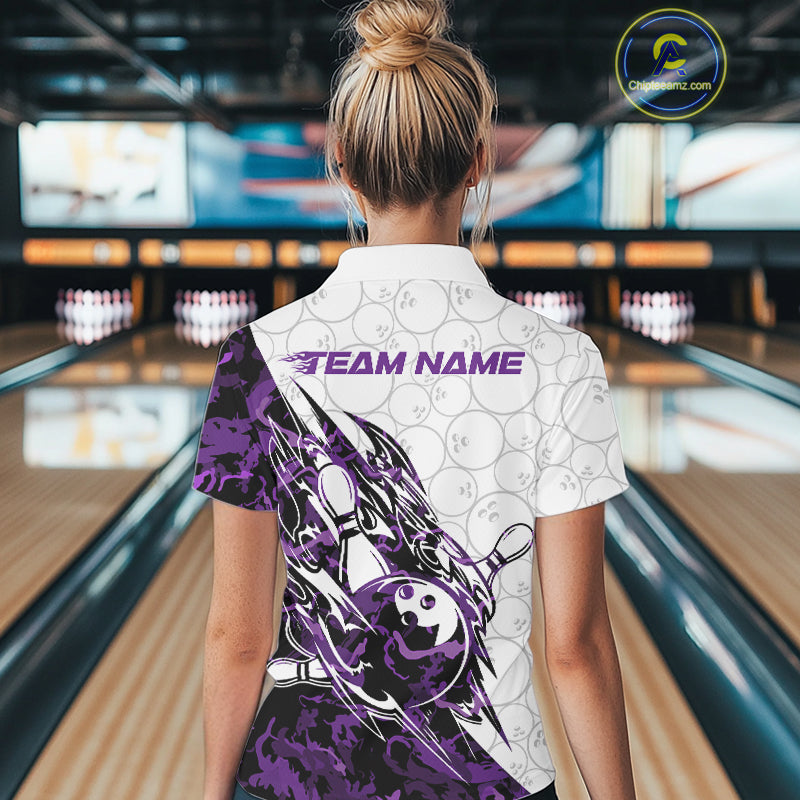Back view of a female model in a white bowling quarter-zip shirt featuring purple camo accents and bowling artwork.