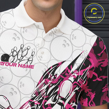 Left chest close-up of a white bowling polo shirt featuring pink camo bowling artwork and a faint bowling ball pattern.