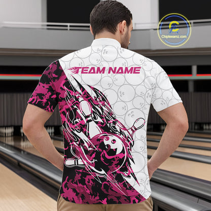Front view of a male model in a white bowling quarter-zip shirt displaying pink camo streak accents and bowling motifs.
