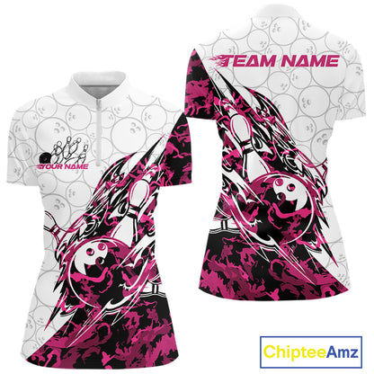 Front and back views of a white womens bowling quarter-zip shirt featuring a bowling ball and pins with sharp pink camo streaks.