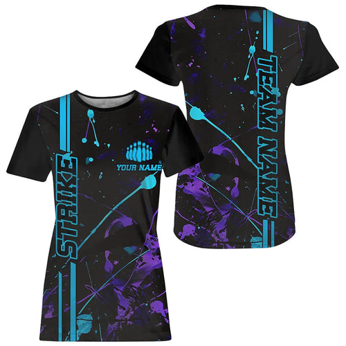 Custom Blue And Purple Strike Bowling Team Women T-Shirts, Camo Bowling League Jerseys IPHW6427