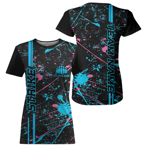 Custom Blue And Pink Strike Bowling Team Women T-Shirts Shirts, Camo Bowling League IPHW6430
