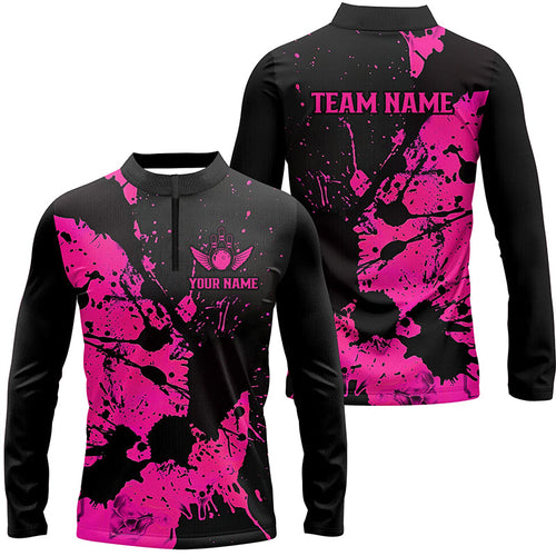 Custom Name Black And Pink Bowling Team Long Sleeve Quarter-Zip Shirts For Men, Bowling Jerseys IPHW6433