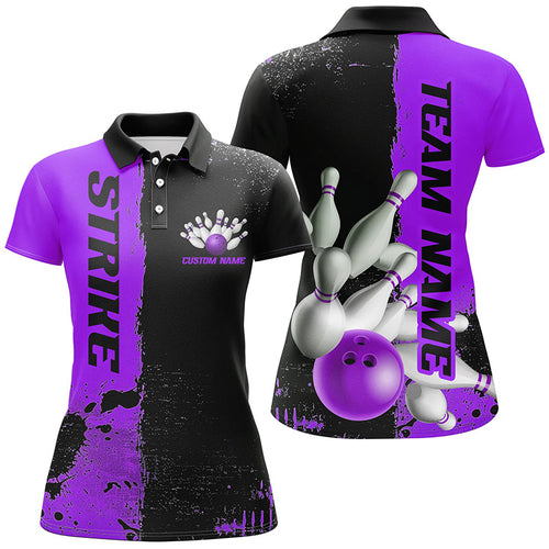 Black And Purple Strike Bowling Team Shirts For Women, Custom Bowling Jerseys For Bowlers IPHW6438