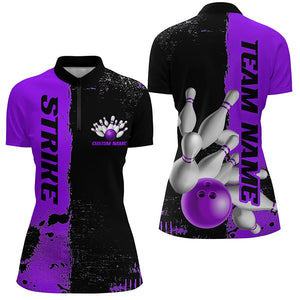 Black And Purple Strike Bowling Team Shirts For Women, Custom Bowling Jerseys For Bowlers IPHW6438