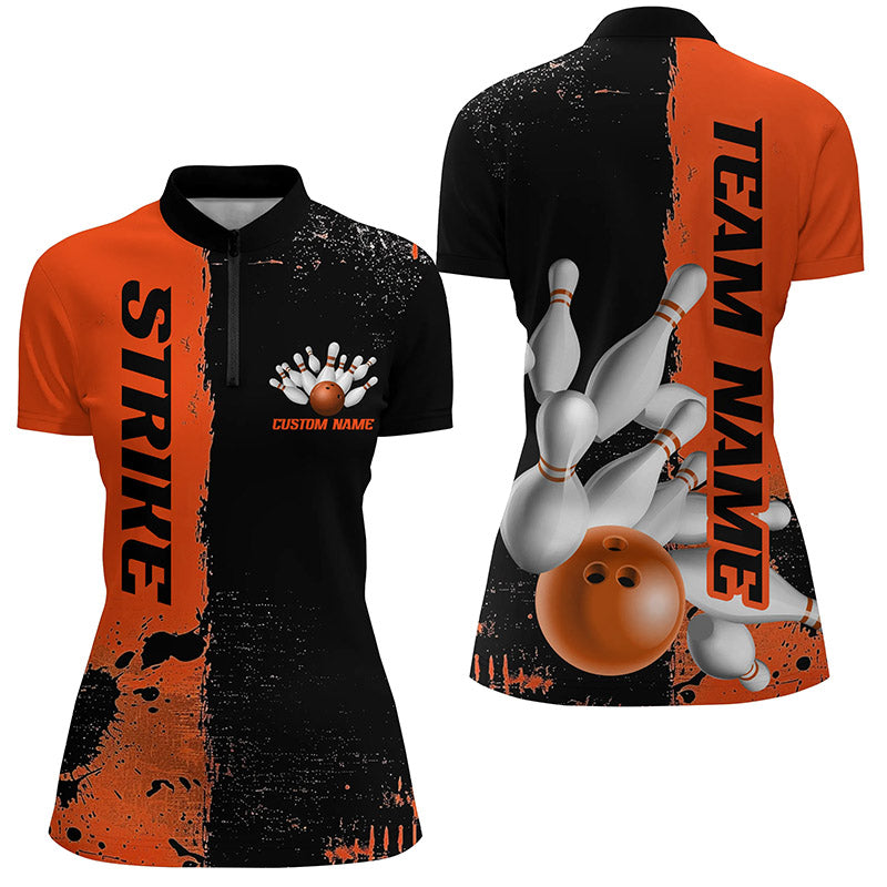 Black And Orange Strike Bowling Team Shirts For Women, Custom Bowling ...