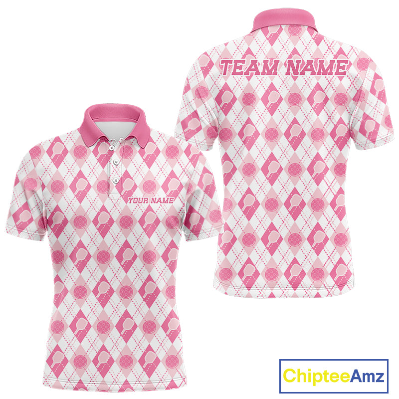 Custom White And Pink Pickleball Balls And Paddles Argyle Pattern Casual Men Polo Shirt IPHW11906