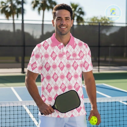 Custom White And Pink Pickleball Balls And Paddles Argyle Pattern Casual Men Polo Shirt IPHW11906