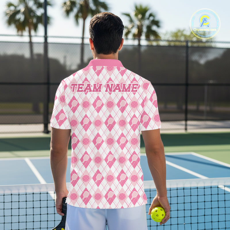Custom White And Pink Pickleball Balls And Paddles Argyle Pattern Casual Men Polo Shirt IPHW11906
