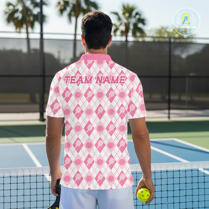 Custom White And Pink Pickleball Balls And Paddles Argyle Pattern Casual Men Polo Shirt IPHW11906