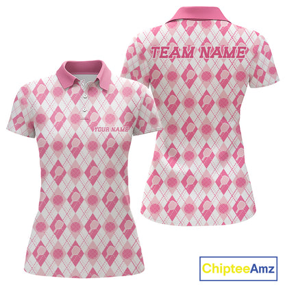 Custom White And Pink Pickleball Balls And Paddles Argyle Pattern Casual Women Polo Shirt IPHW11906