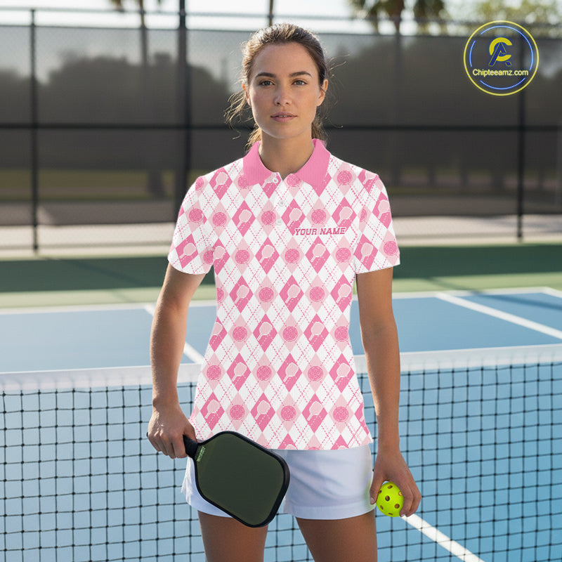 Custom White And Pink Pickleball Balls And Paddles Argyle Pattern Casual Women Polo Shirt IPHW11906