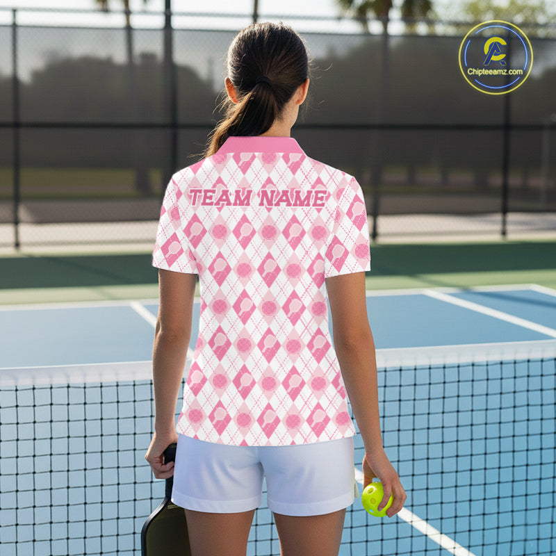 Custom White And Pink Pickleball Balls And Paddles Argyle Pattern Casual Women Polo Shirt IPHW11906