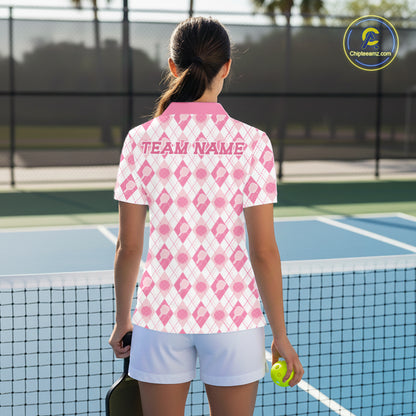 Custom White And Pink Pickleball Balls And Paddles Argyle Pattern Casual Women Polo Shirt IPHW11906