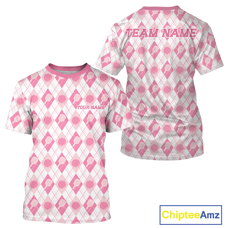 Custom White And Pink Pickleball Balls And Paddles Argyle Pattern Casual Men T-Shirts IPHW11906