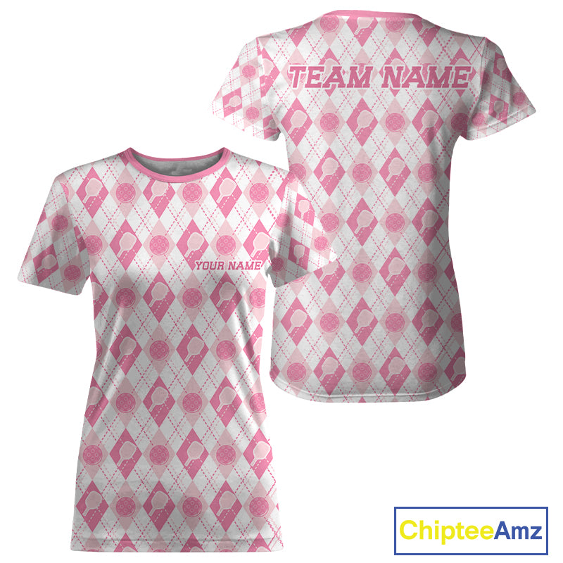 Custom White And Pink Pickleball Balls And Paddles Argyle Pattern Casual Women T-Shirts IPHW11906