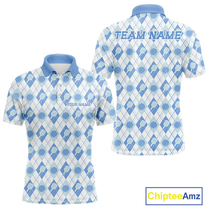 Custom White And Blue Pickleball Balls And Paddles Argyle Pattern Casual Men Polo Shirt IPHW11907